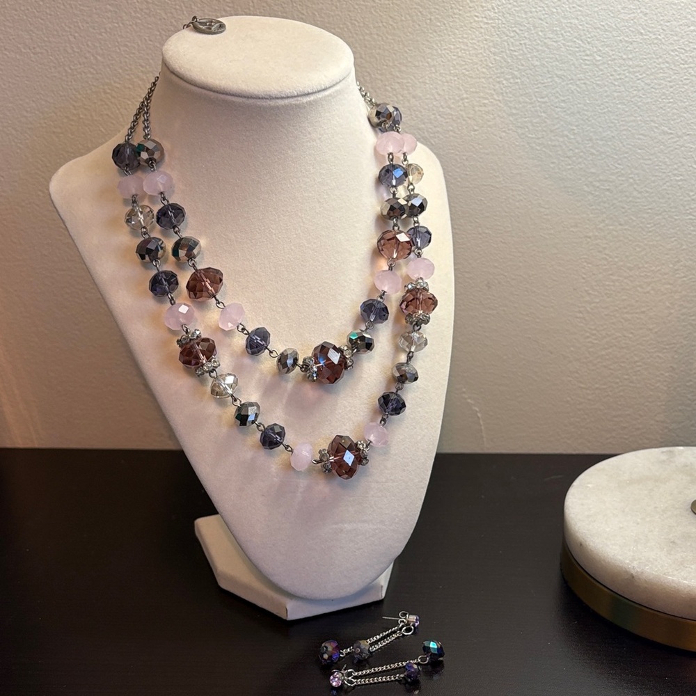 Vintage Signed Crown Trifari Multi-Color Beaded Necklace with earrings.